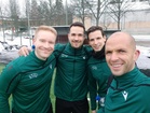 Olli Jantunen (vas.) ja toinen uusi FIFA-tuomari Oliver Reitala (2. vas.) 